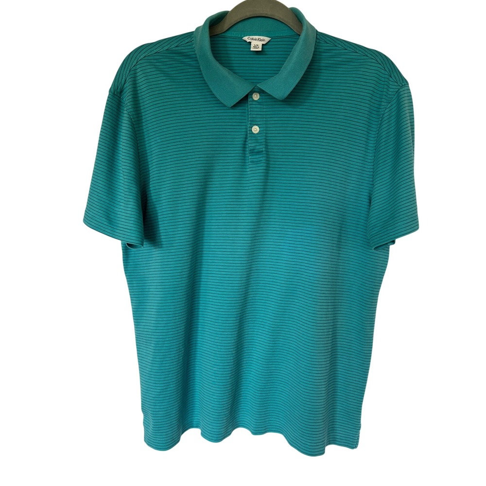 Calvin Klein Mens 90s Preppy Teal Green Striped Short Sleeve Cotton Polo Large